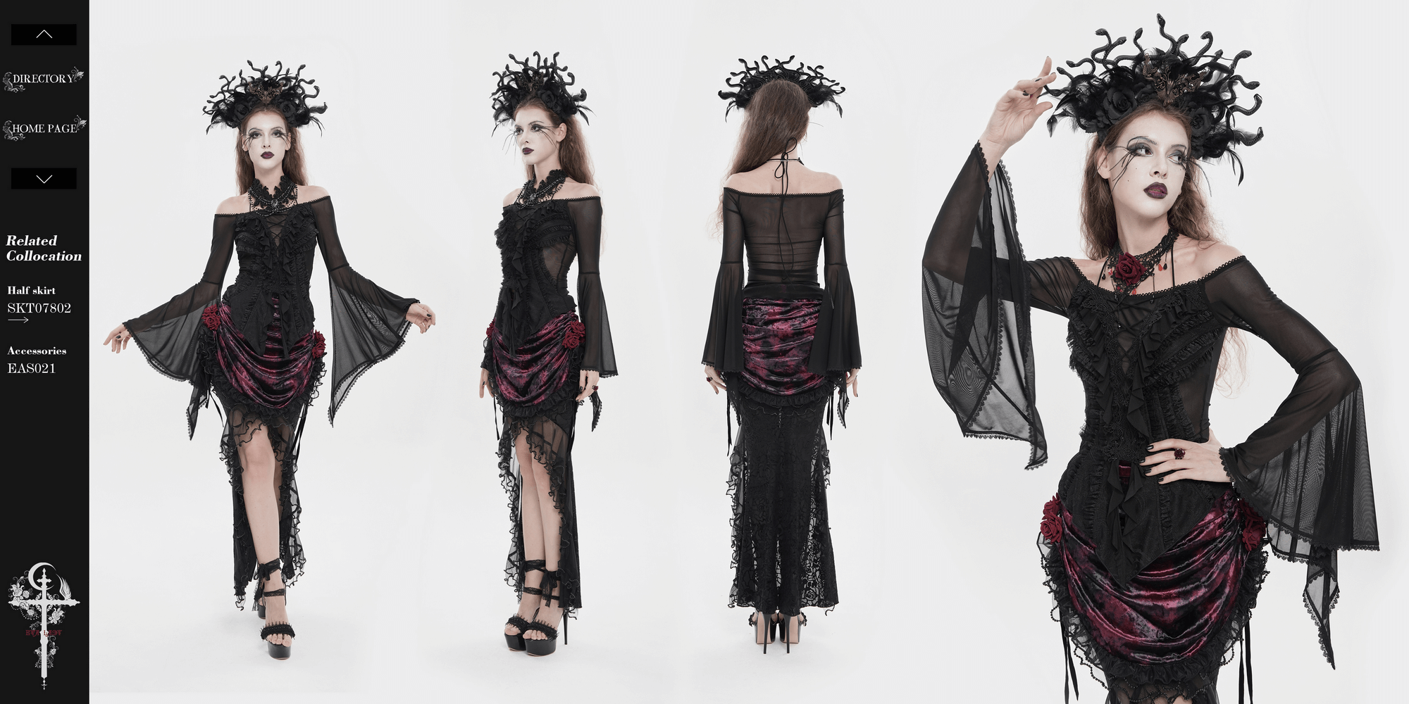 Sheer Off-Shoulder Ruffled Mesh Top with Bell Sleeves worn by a model showcasing gothic elegance and dramatic flair.