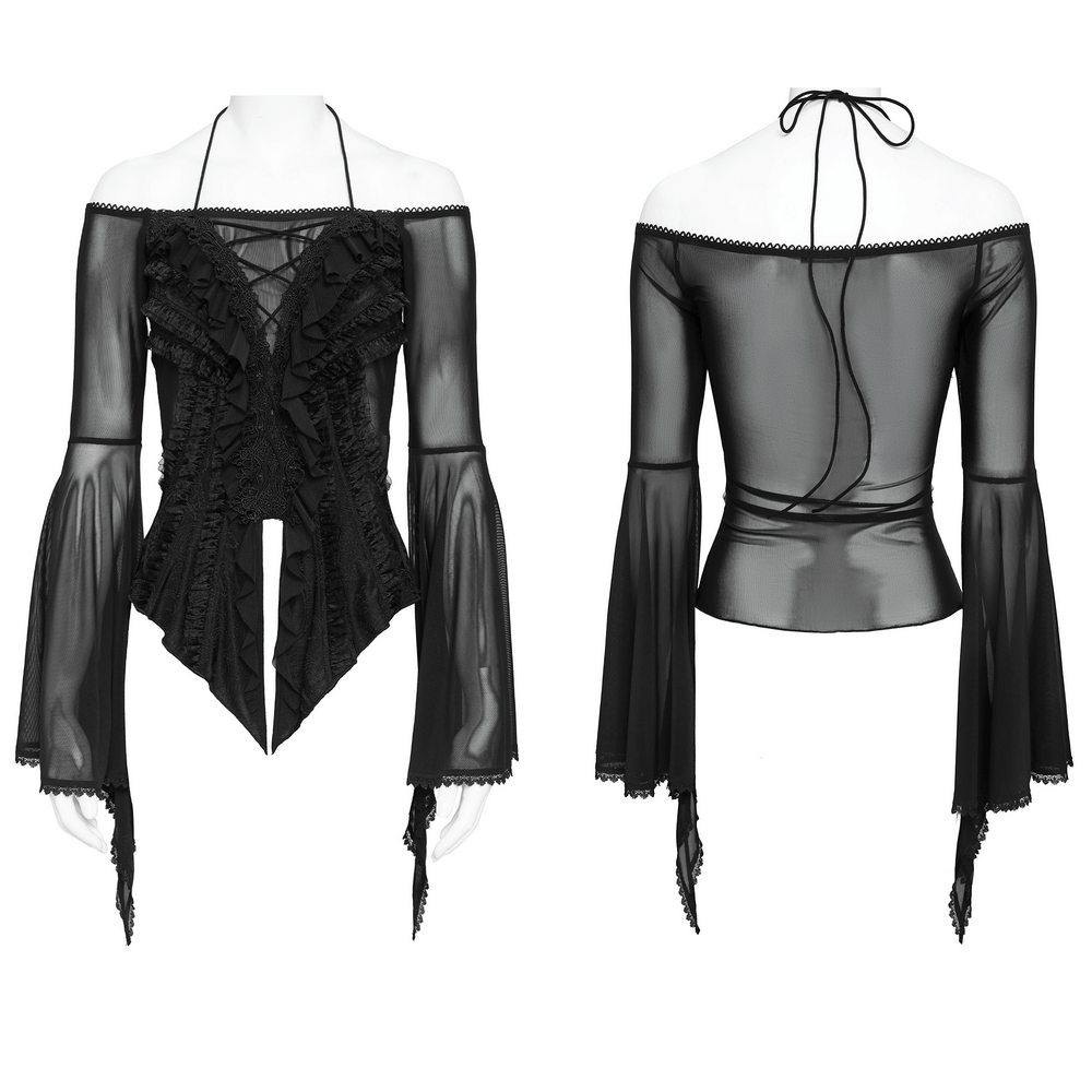 Sheer Off-Shoulder Ruffled Mesh Top with Bell Sleeves showcasing a dramatic ruffled design and lace-up back.