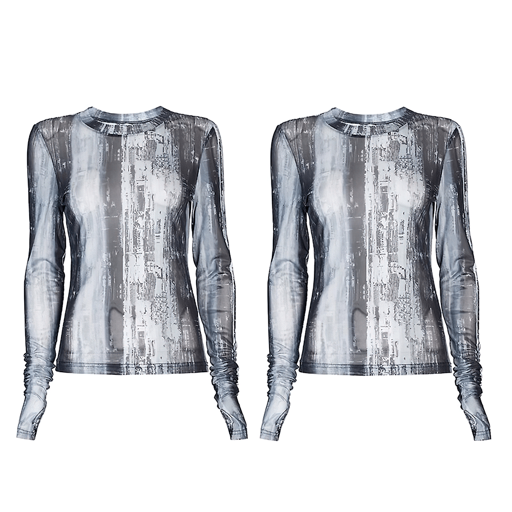 Sheer Striped Mesh Top with Long Sleeves and Thumb Holes
