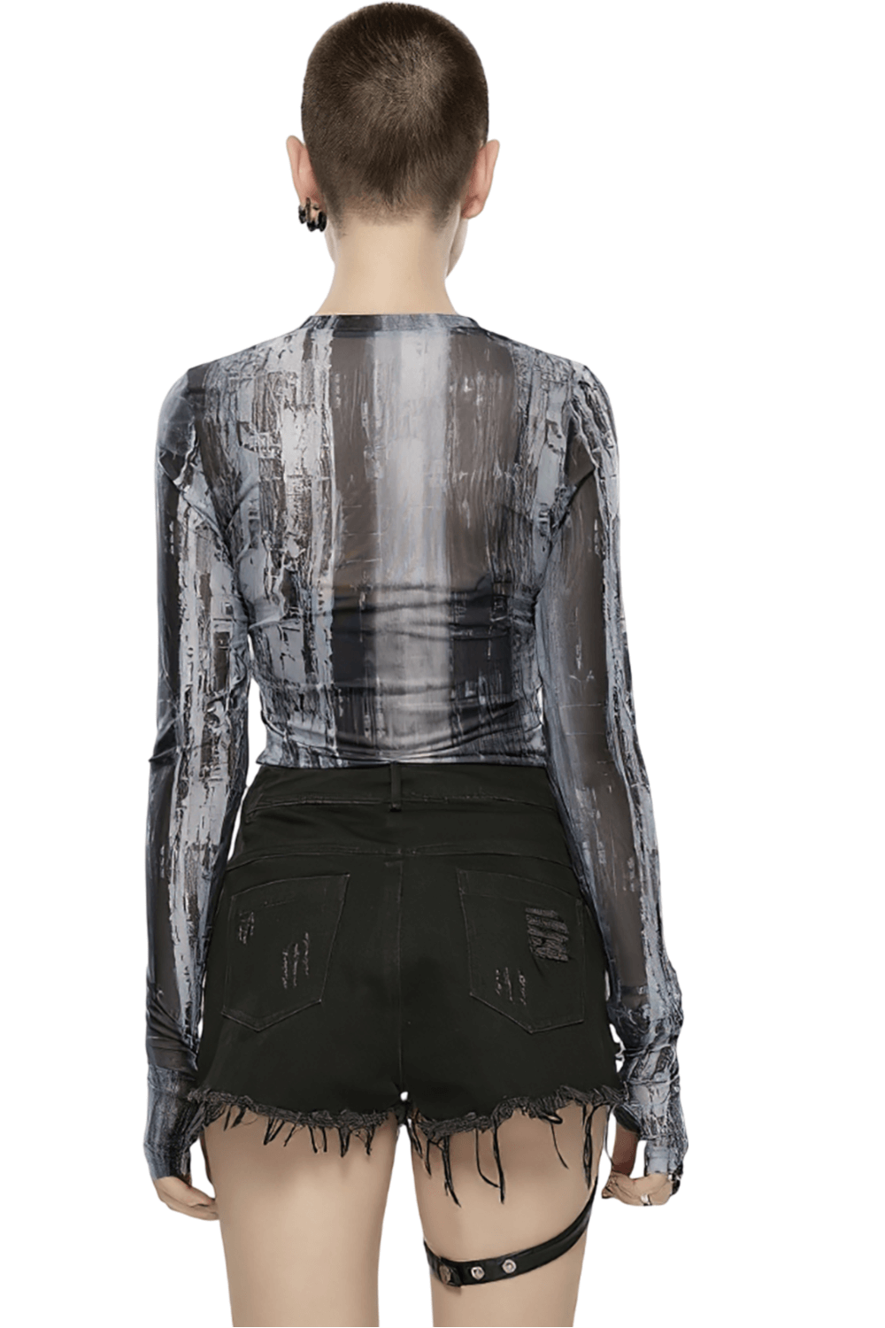Sheer Striped Mesh Top with Long Sleeves and Thumb Holes