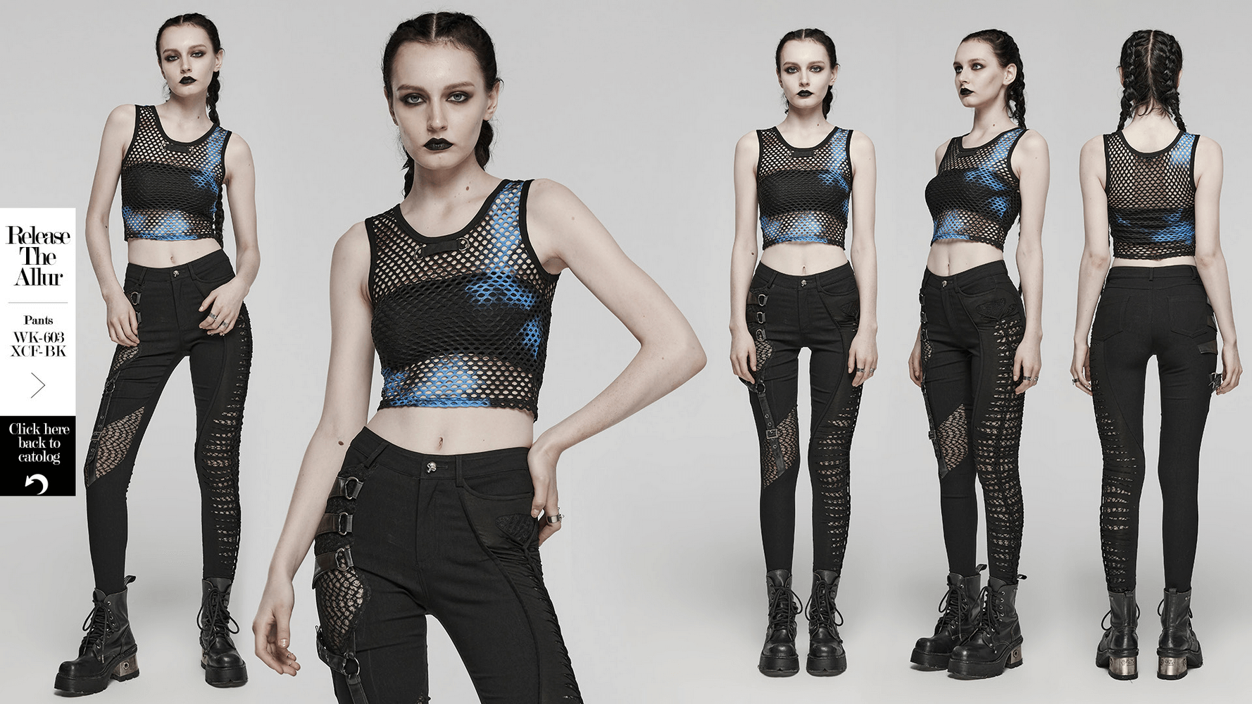 Shic stylish black-blue punk tie-dye mesh crop tank top paired with edgy black pants for a bold fashion statement.