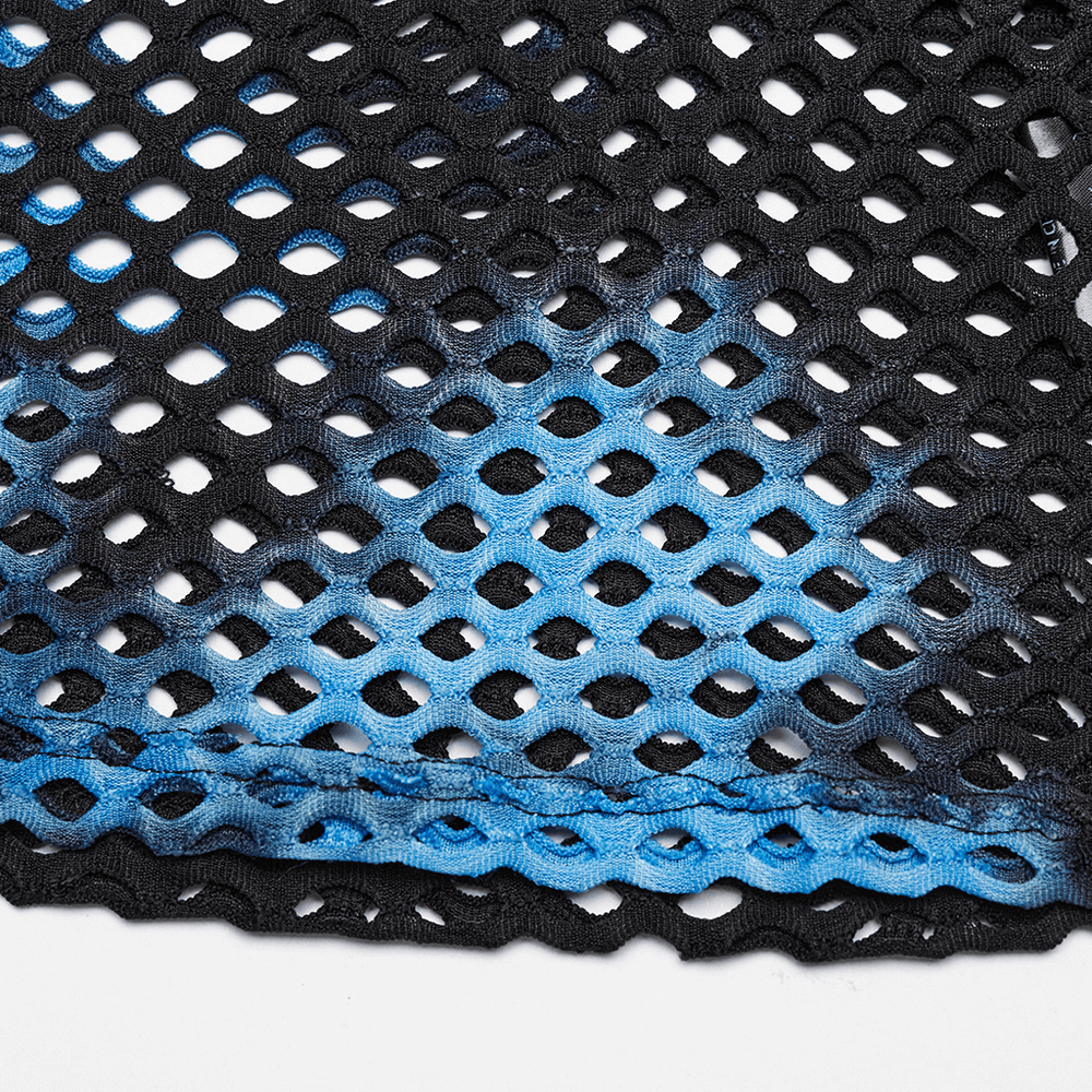 Close-up of Shic stylish black-blue punk tie dye mesh fabric, showcasing trendy texture and edgy design.