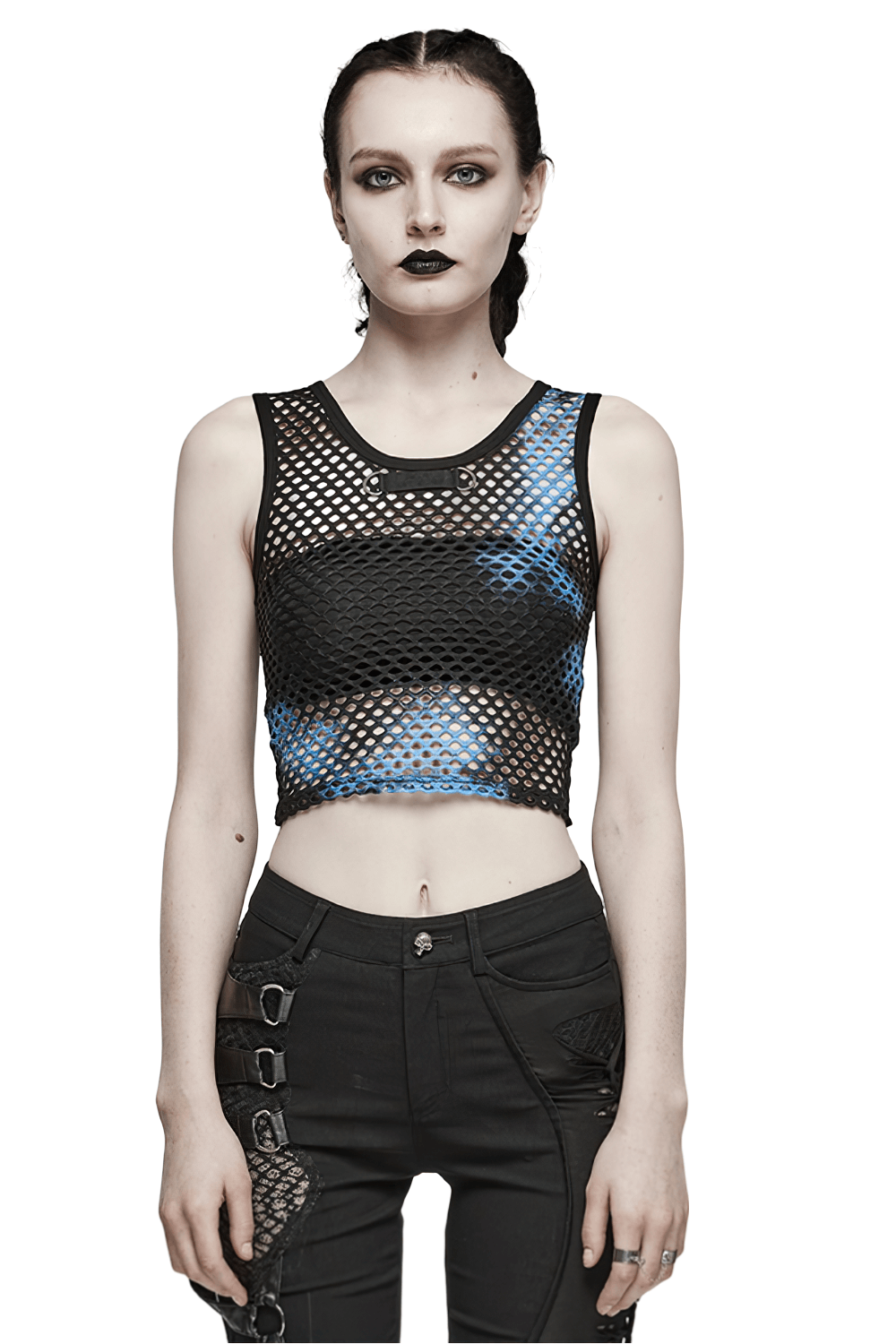 Shic Stylish Black-Blue Punk Tie Dye Mesh Tank Top, featuring a trendy crop design and webbing decoration, perfect for edgy outfits.