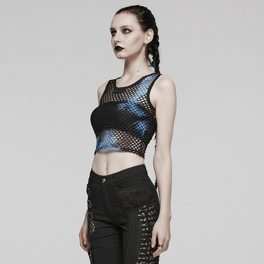 Model wearing stylish black-blue punk tie-dye mesh crop tank top, showcasing edgy fashion and a trendy look.