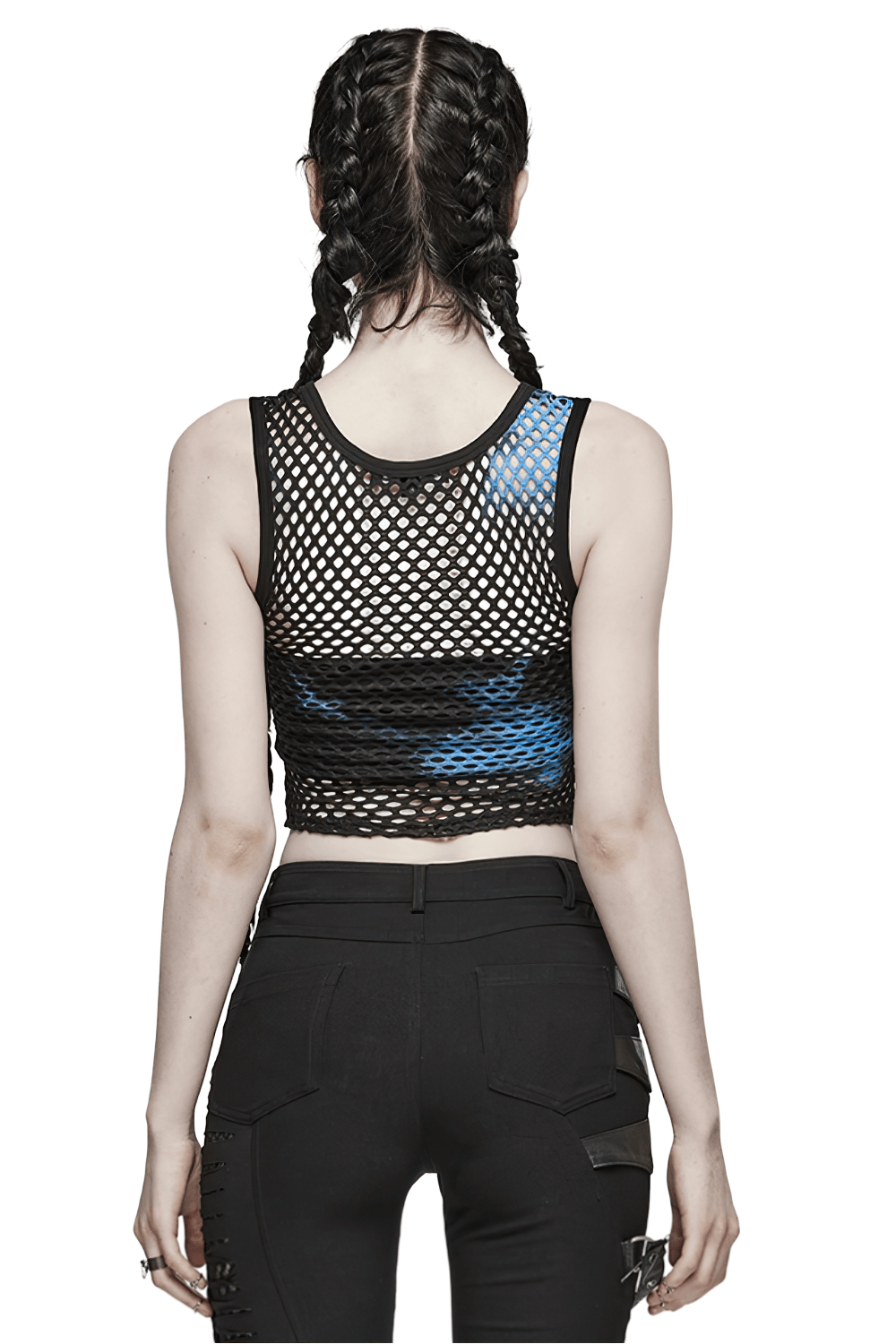 Back view of stylish black-blue punk tie dye mesh crop tank top with braids hairstyle.