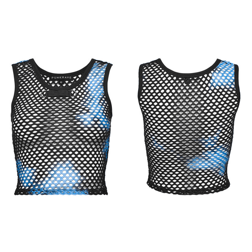 Black-blue punk tie dye mesh crop tank top with webbing decoration for a trendy look.