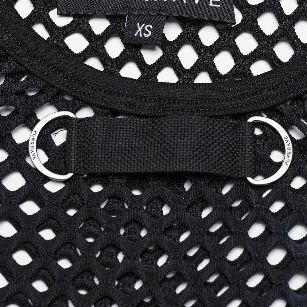 Close-up of the stylish mesh fabric and webbing detail of a black punk rave tank top, showcasing its edgy design features.