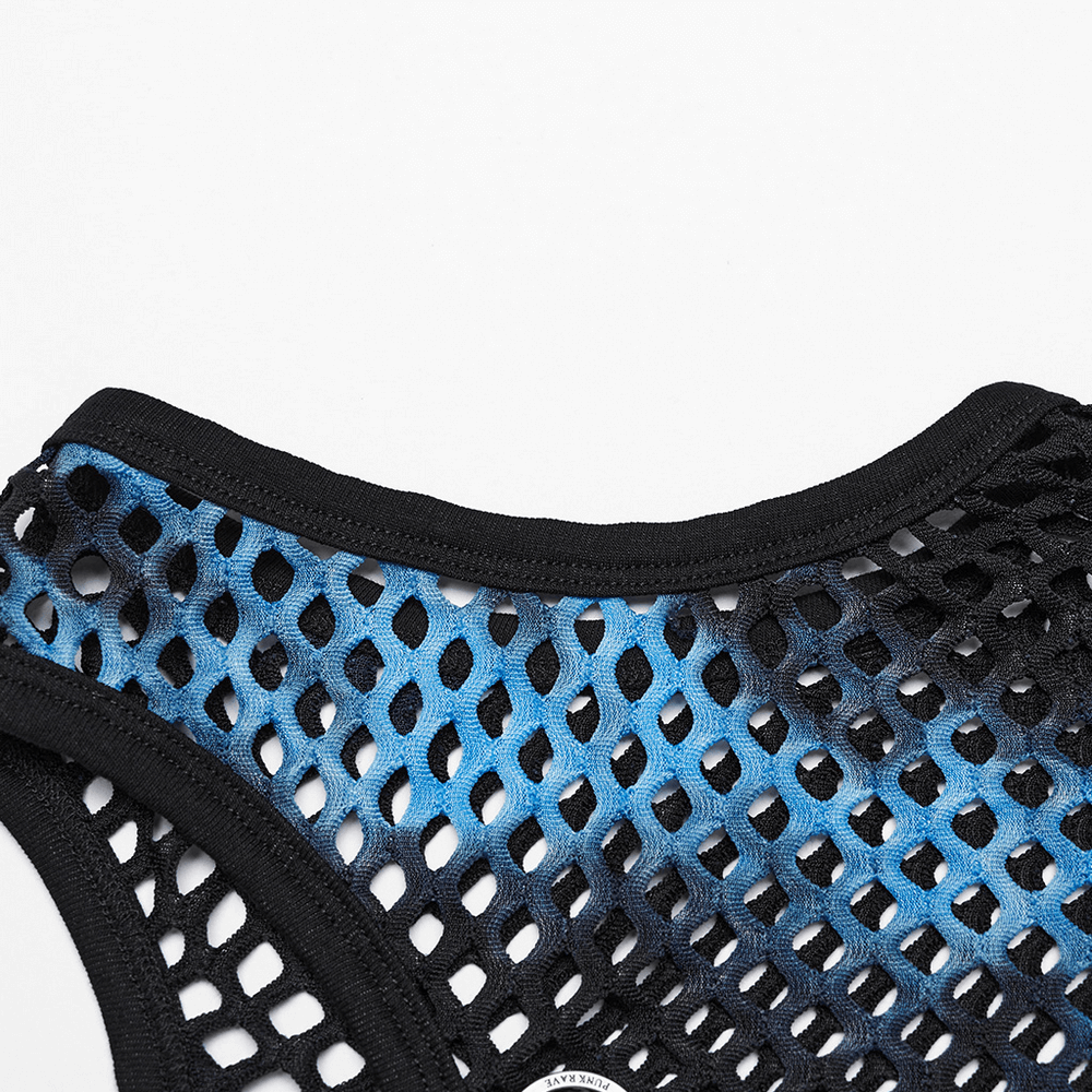 Close-up of stylish black-blue punk tie-dye mesh tank top showcasing unique webbing design and soft fabric.
