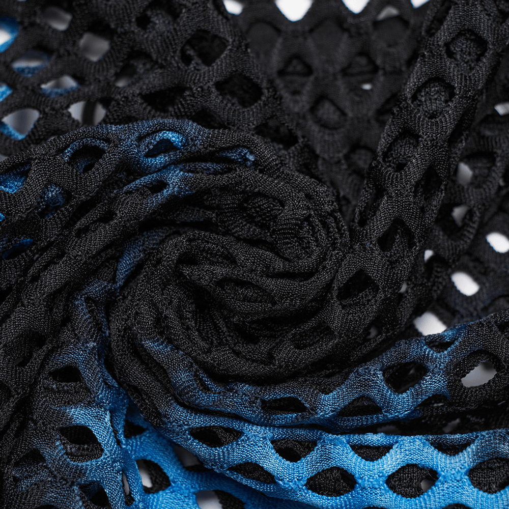 Close-up of black-blue punk tie-dye mesh fabric, showcasing its trendy texture and design for stylish clothing.