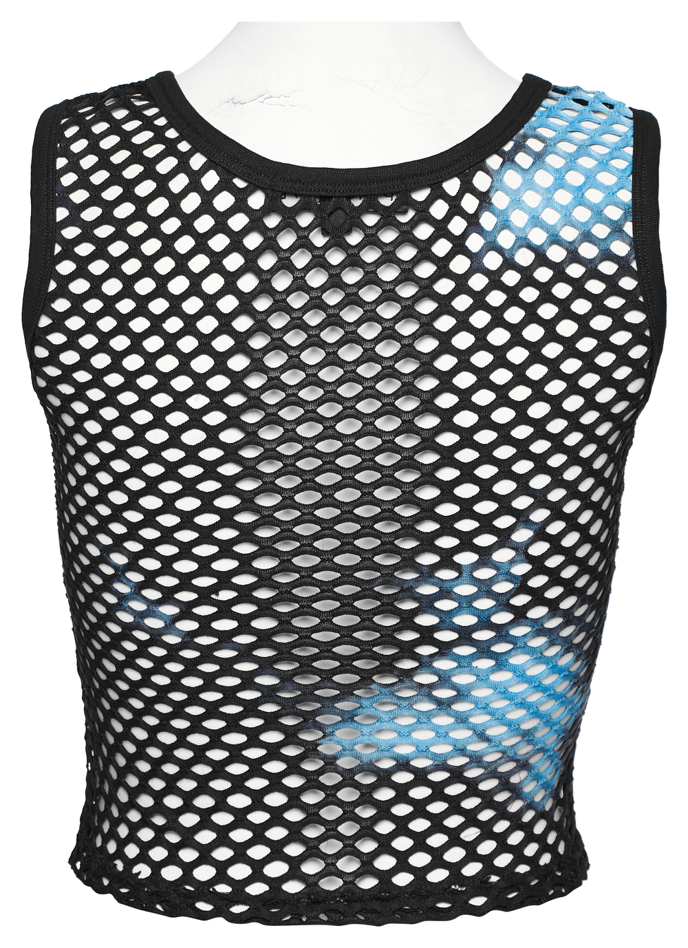 Stylish black-blue punk tie-dye mesh crop tank top with webbing detail for a trendy look.
