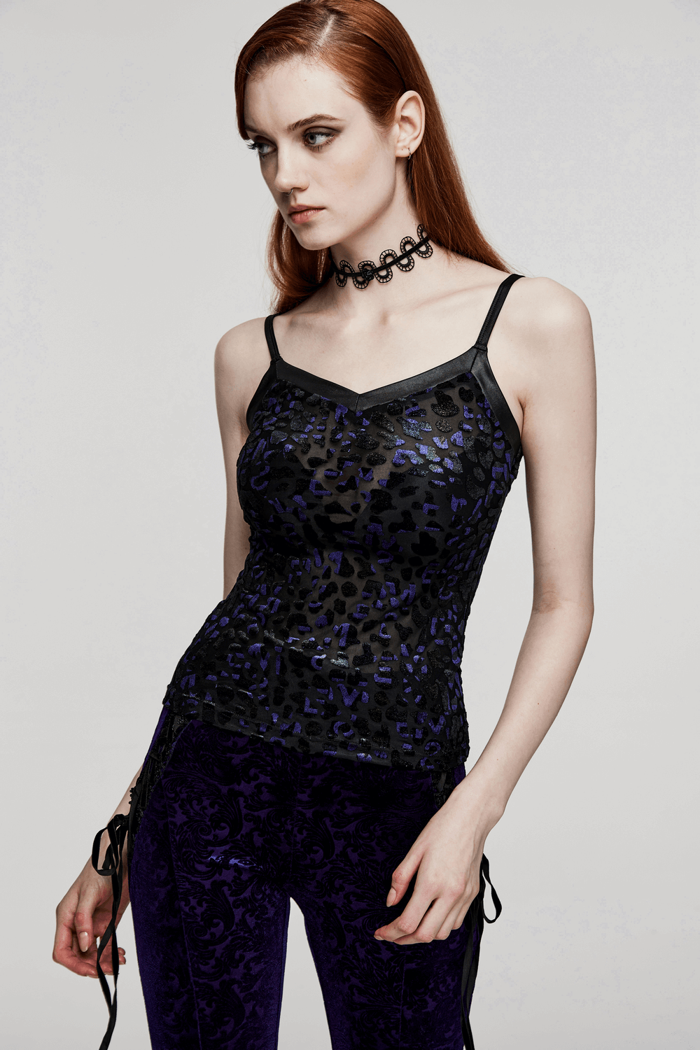 Chic Shimmer Leopard Mesh Goth Camisole with V-neck and adjustable straps, perfect for an edgy fashion statement.