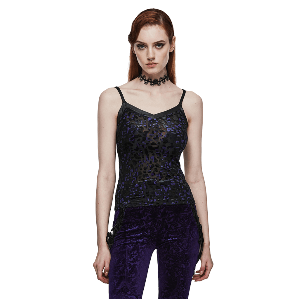 Chic goth woman in a shiny leopard mesh camisole with V-neck and adjustable straps, styled with purple velvet pants.