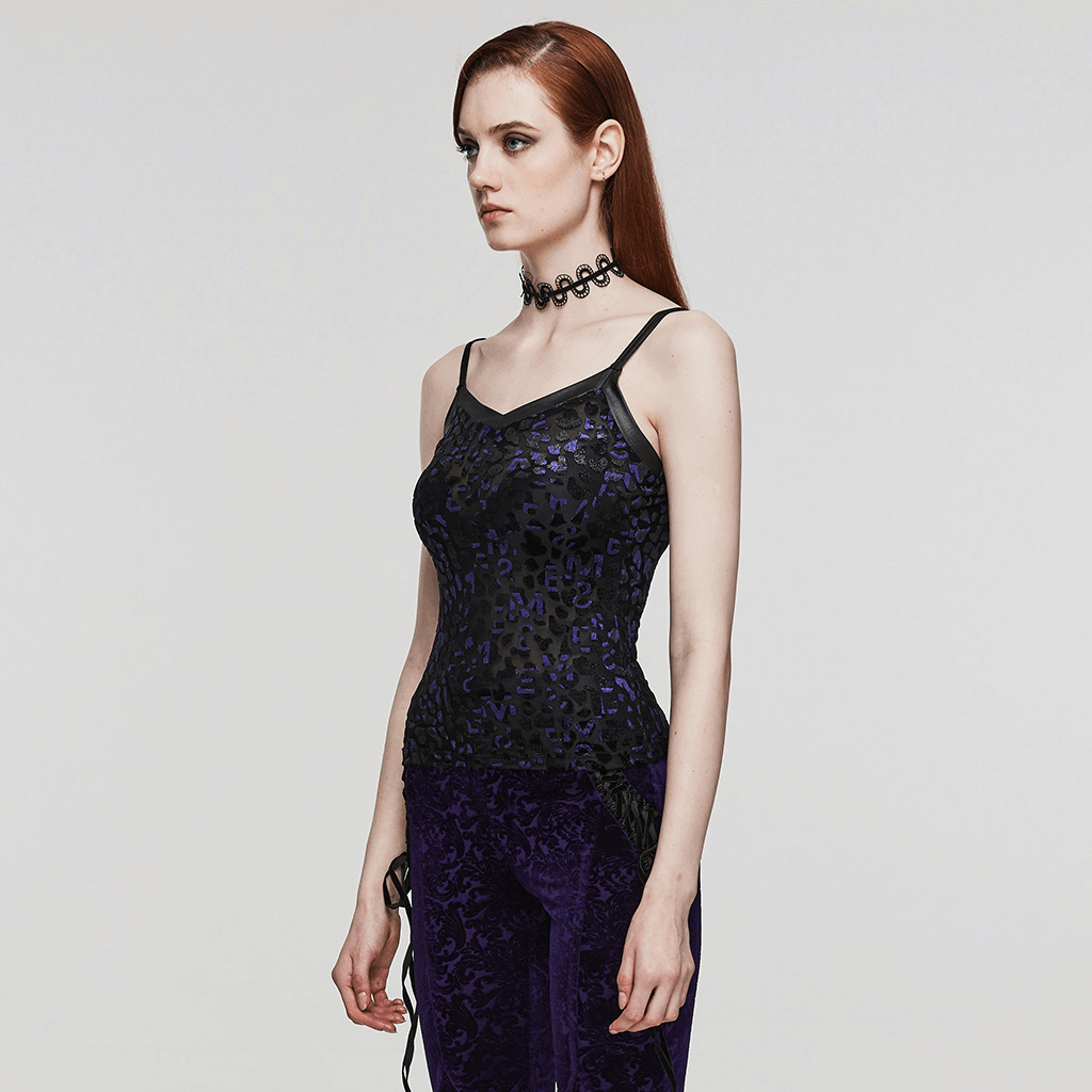 Chic Shimmer Leopard Mesh Goth Camisole with V-Neck and adjustable straps, perfect for a stylish goth look.