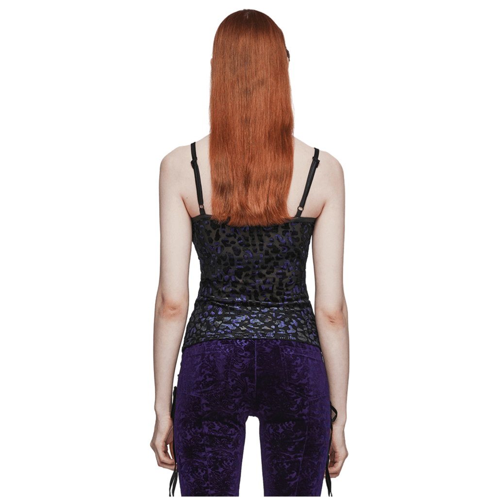 Back view of a chic Shimmer Leopard Mesh Goth Women's Camis with V-Neck, showcasing its stylish design and adjustable straps.