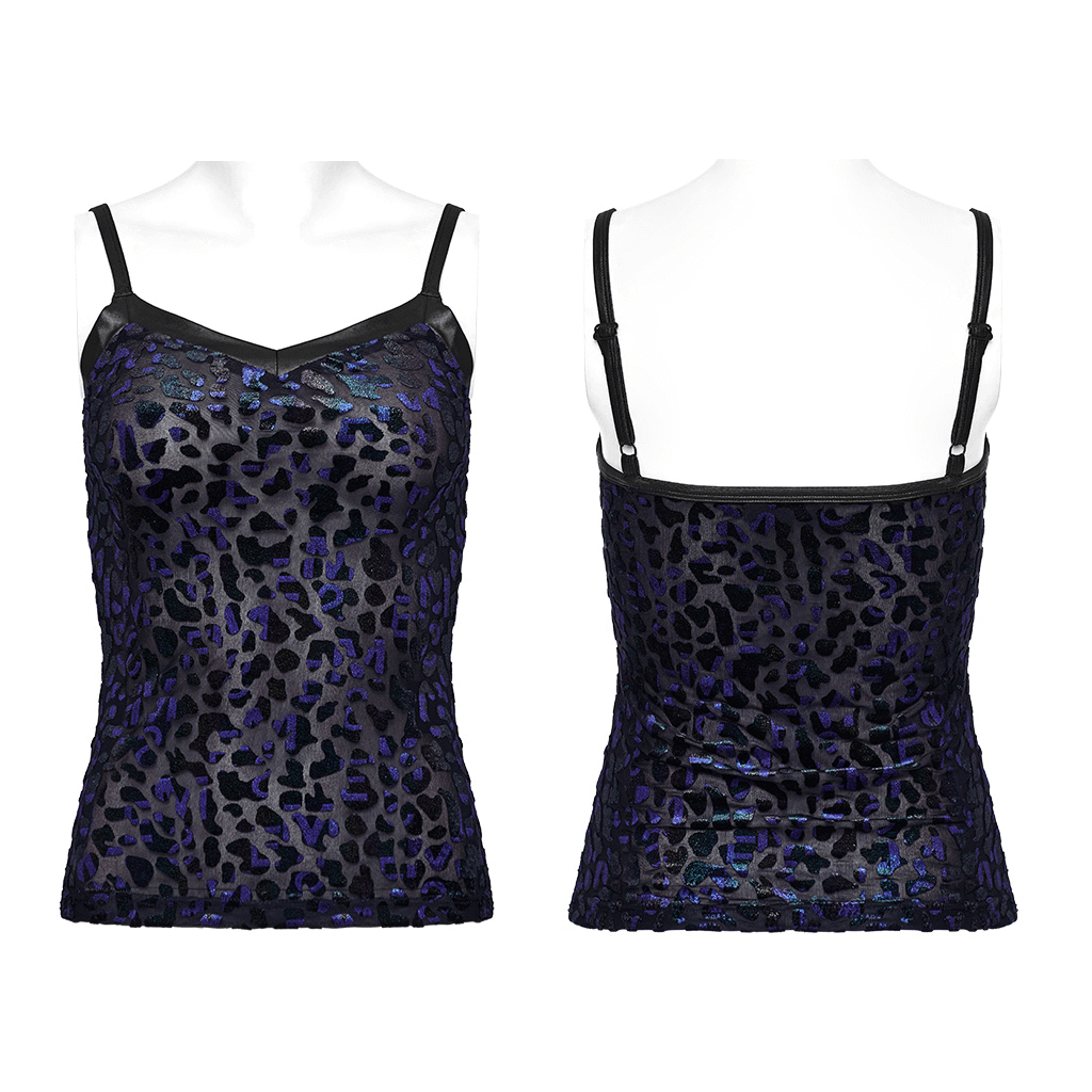 Chic Shimmer Leopard Mesh Goth Women's Camisole with V-neck and adjustable straps, showcasing a dazzling leopard print.