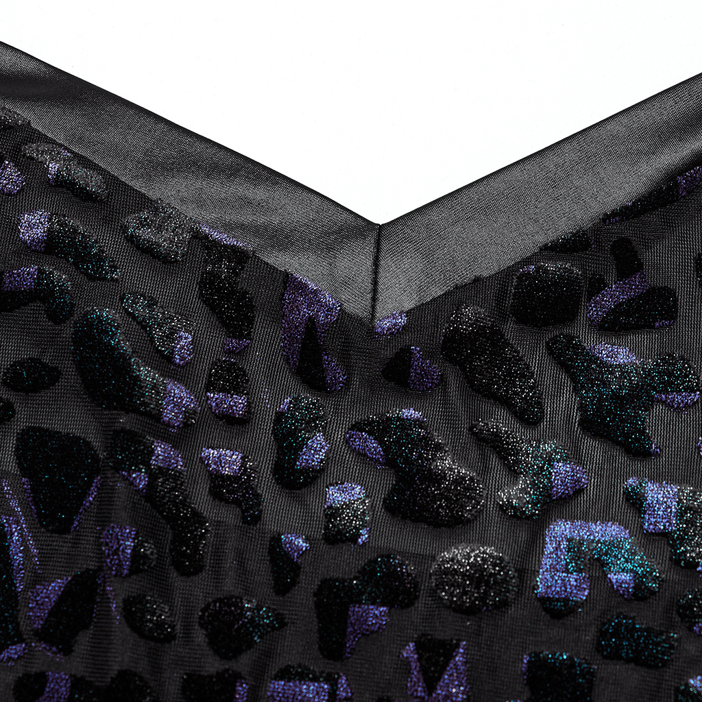 Close-up of a shiny leopard mesh fabric with a V-neck, showcasing sparkly gothic style for women's fashion.