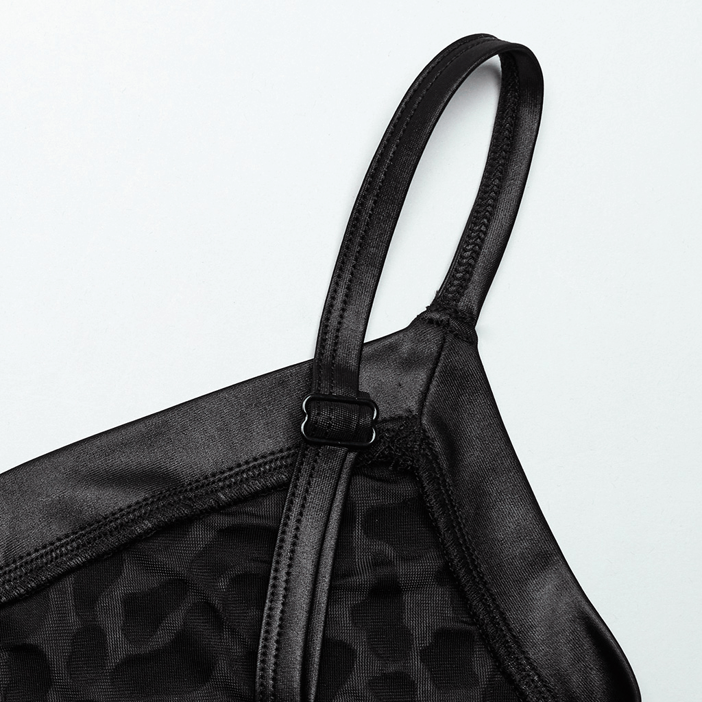 Close-up of adjustable shoulder strap on Shimmer Leopard Mesh Goth Women's Camis, showcasing chic design and fit.