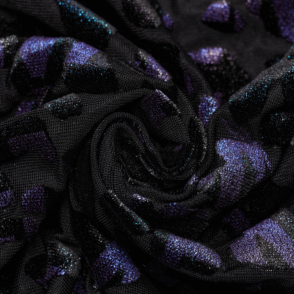 Close-up of shiny leopard mesh fabric with purple sparkles, perfect for a goth-style camisole.