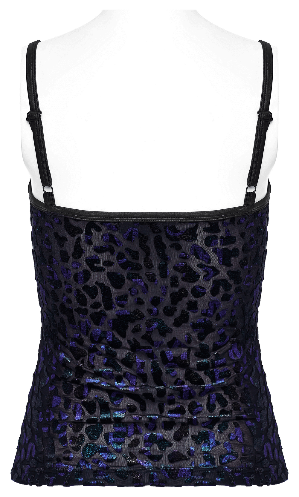 Back view of a shiny leopard mesh goth women's camisole with adjustable straps and a snug fit.