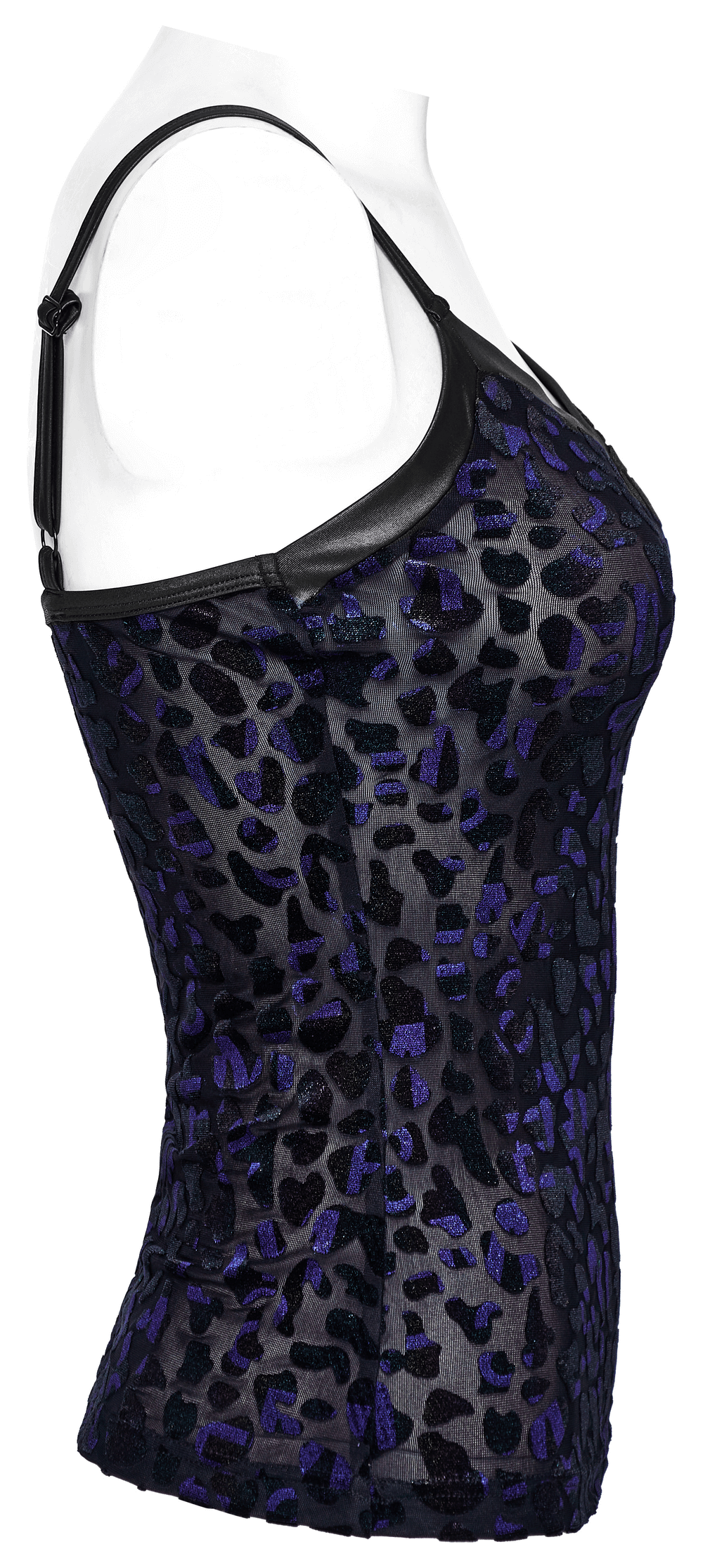 Chic Shimmer Leopard Mesh Goth Women's V-Neck Camisole with adjustable straps, perfect for a stylish edgy look.