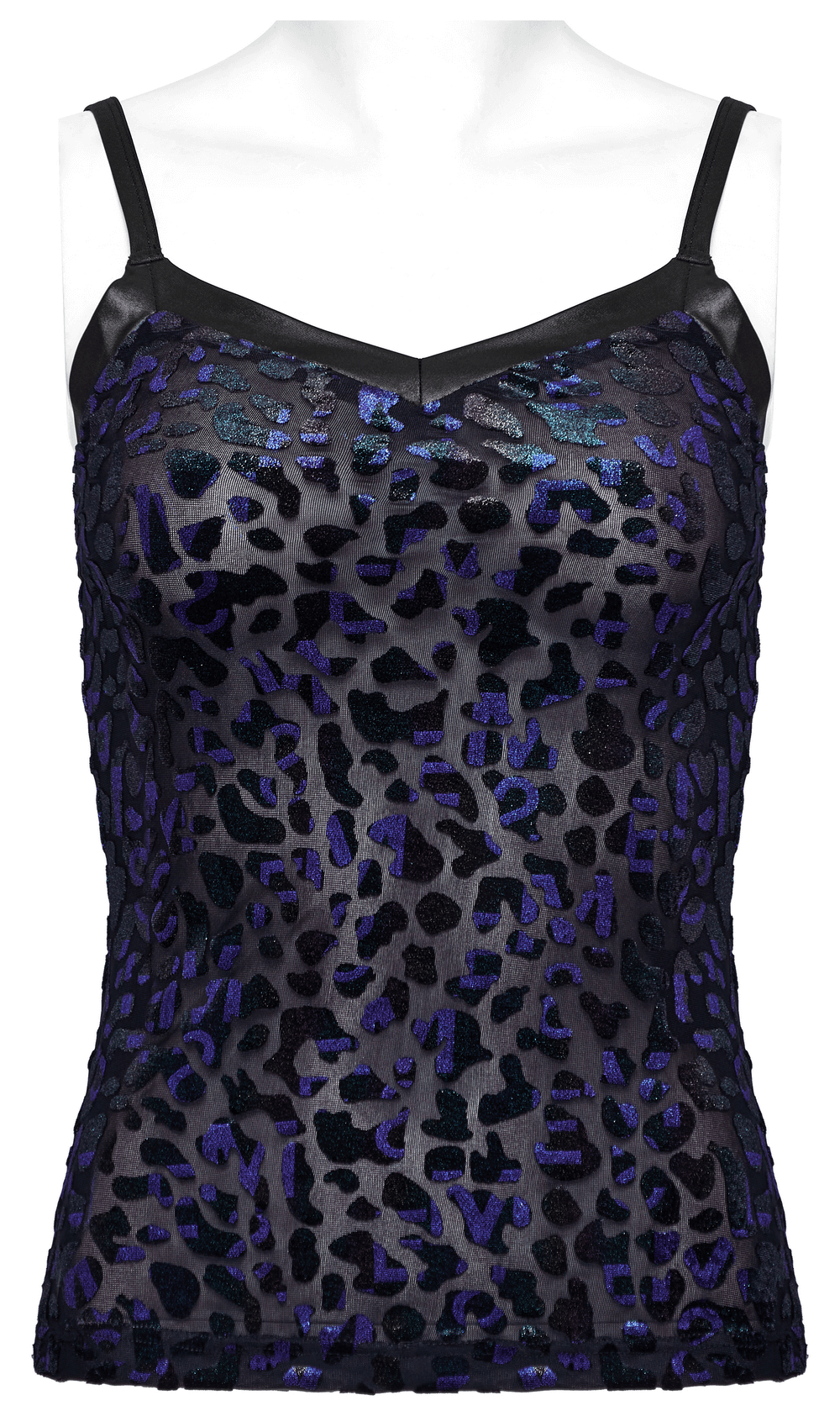Shiny leopard mesh goth women's camisole with V-neck and adjustable straps for a sexy silhouette.