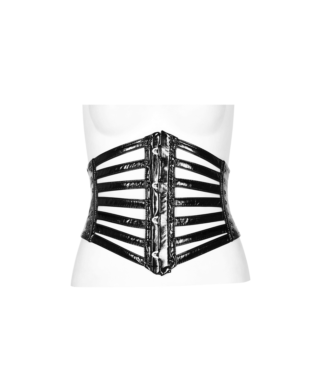 Shiny patent PU punk corset belt with steel buckle and metal cone nail design for a bold, edgy look.