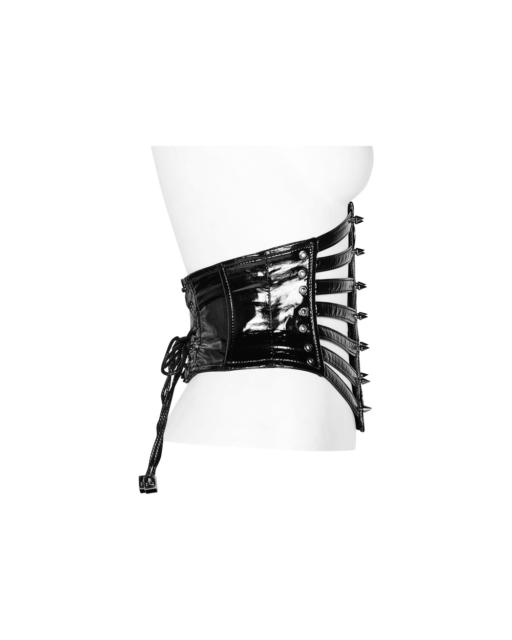 Shiny black patent PU punk corset belt featuring steel buckles and edgy cone nail design, perfect for a bold look.