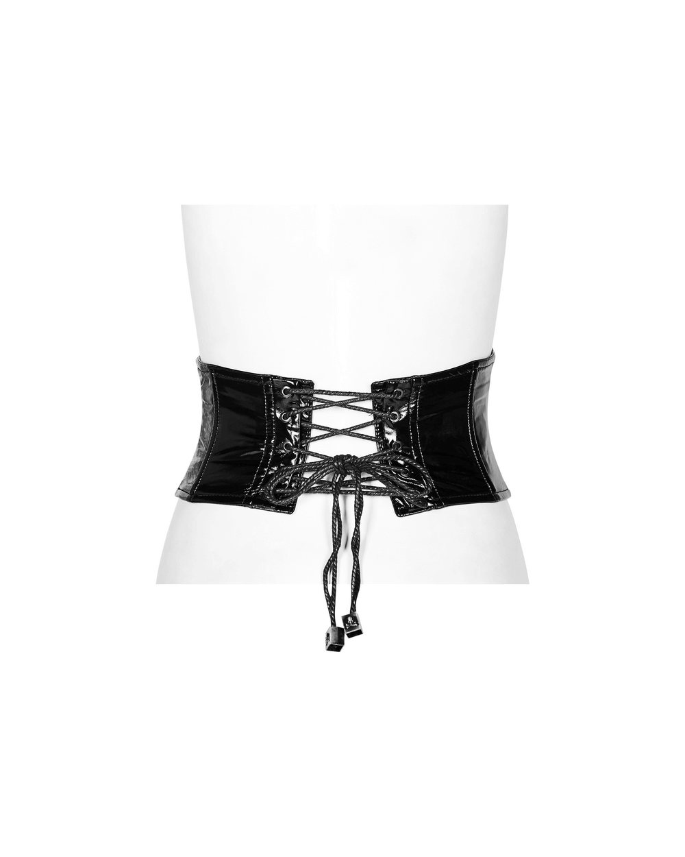 Back view of a shiny patent PU punk corset belt with steel buckle and adjustable lace fit.