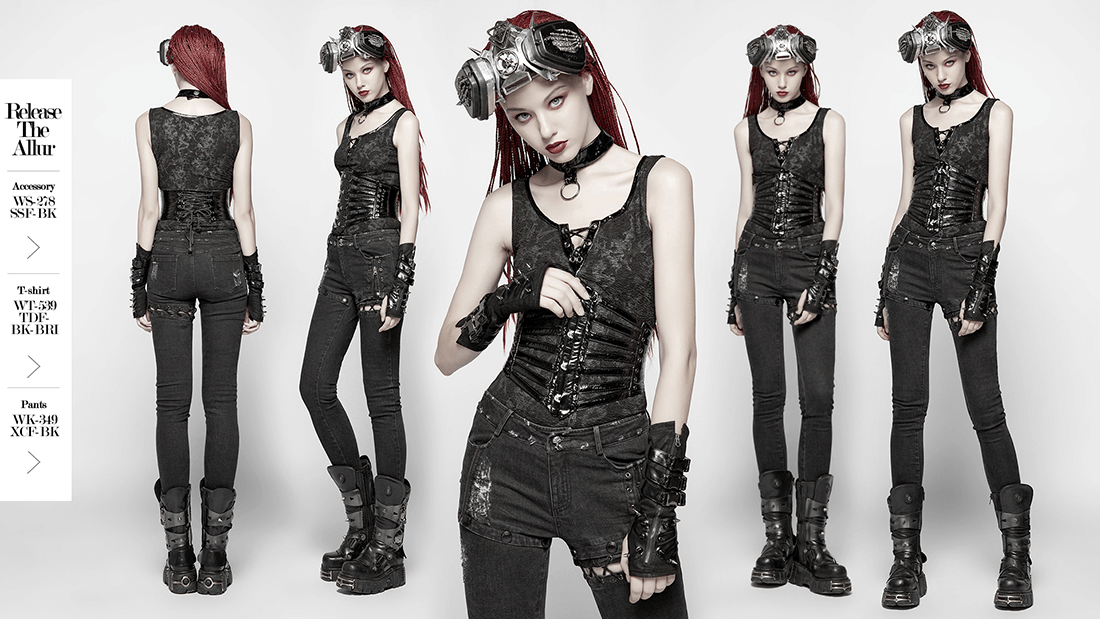 Punk model showcasing a shiny patent PU corset belt with steel buckle and edgy fashion accessories.