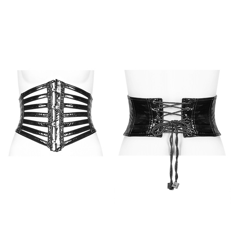 Sleek shiny patent PU punk corset belt with steel buckle and adjustable lace-up back design.