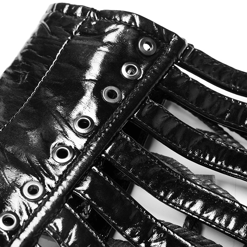 Close-up of shiny black patent PU punk corset belt with grommets and metal details for a bold, edgy look.