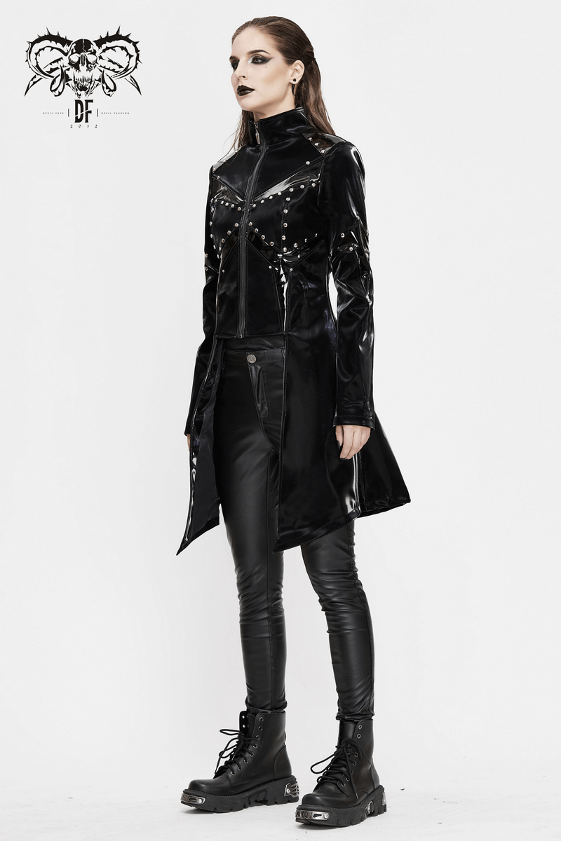 Women in shiny black PU leather gothic jacket with studs, paired with sleek black pants and combat boots.