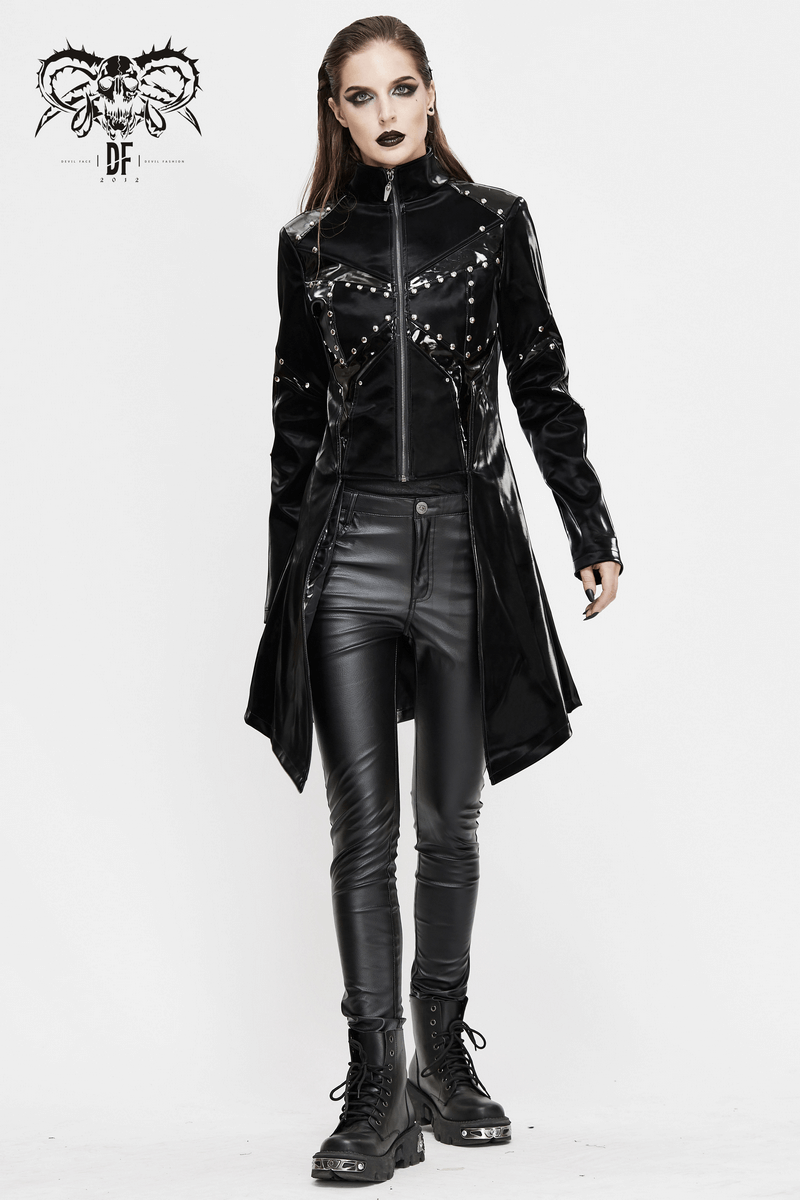 Gothic black PU leather jacket with studs, stylish front zip and long cut for women, paired with black leather pants.