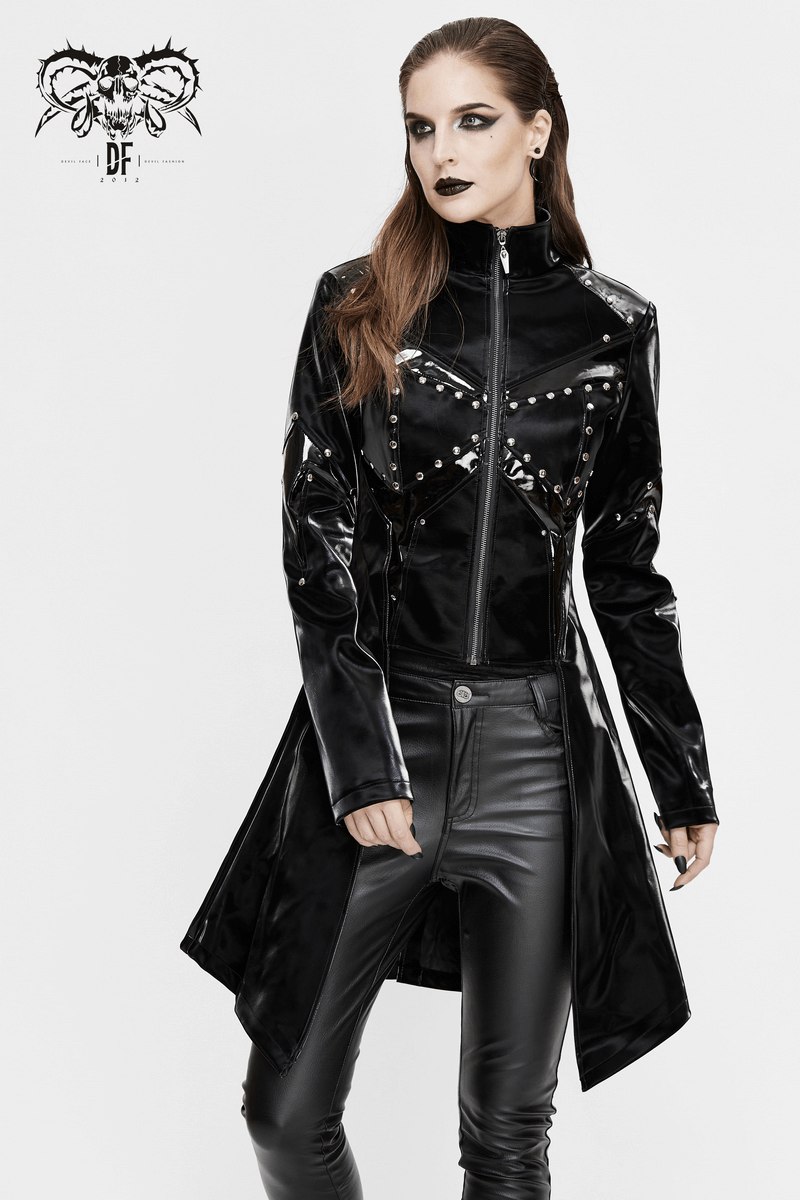 Gothic black PU leather jacket with studs, stylish long design, perfect for alternative fashion lovers.