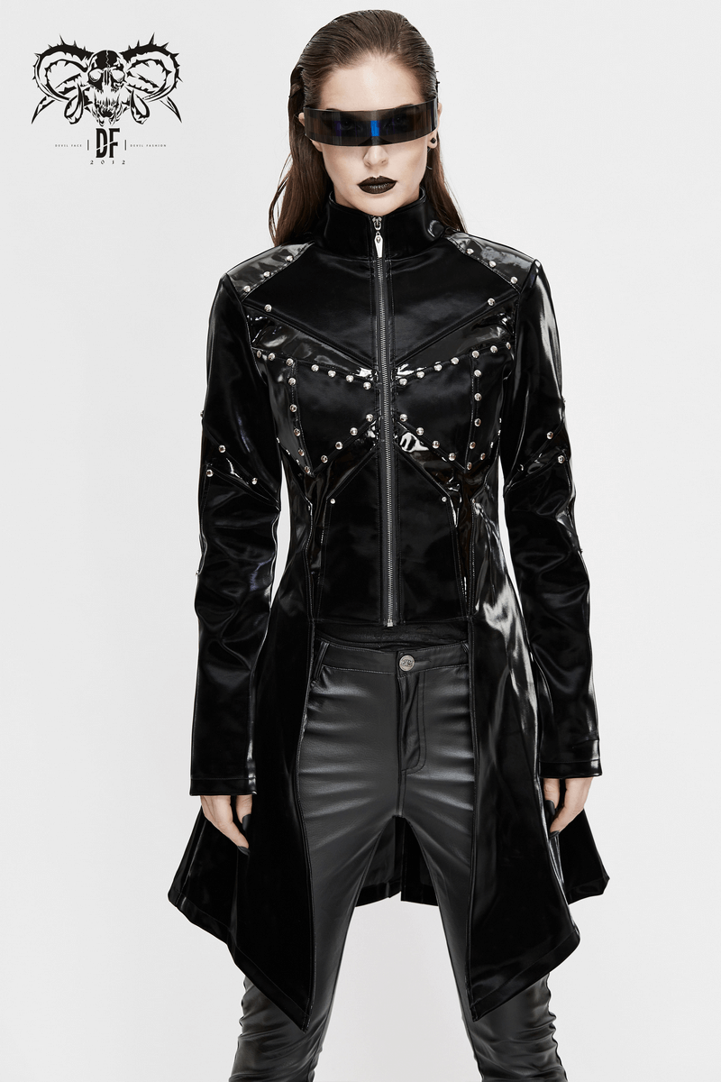 Women's black PU leather gothic jacket with silver studs, stylish front zip and long design, perfect for alternative fashion.