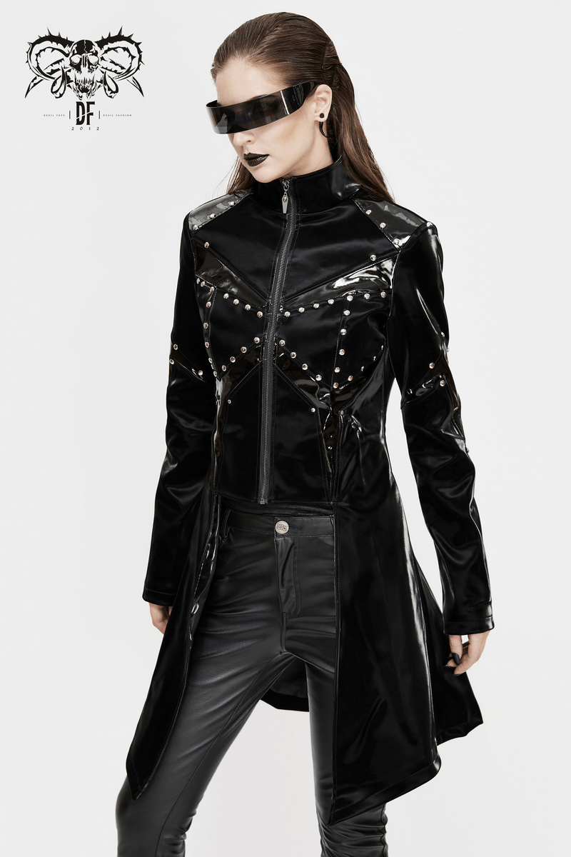 Woman in a shiny black PU leather jack with studs, showcasing a gothic style and edgy fashion.