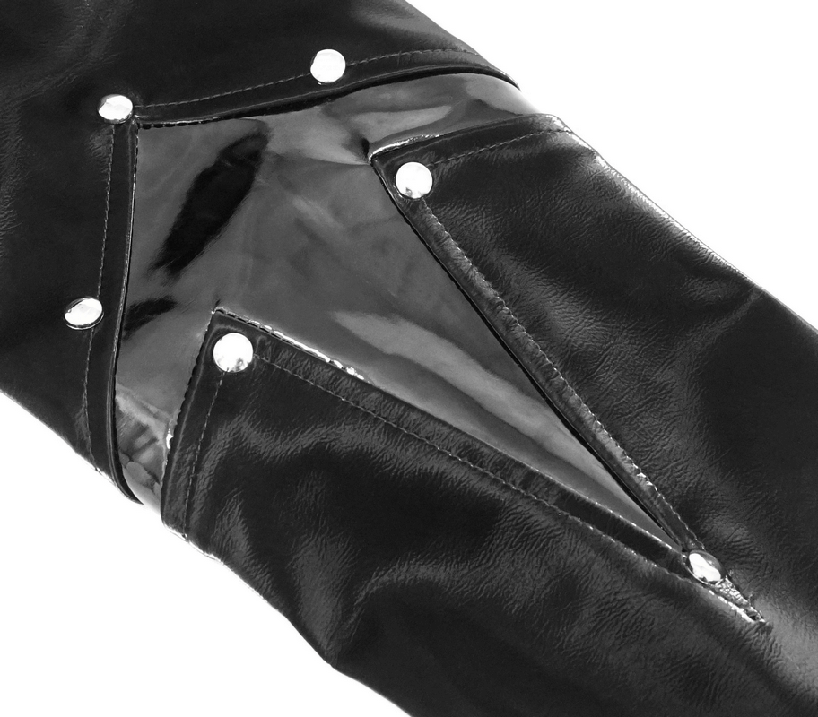Close-up of a black PU leather jacket sleeve with shiny accents and silver studs for a gothic look.