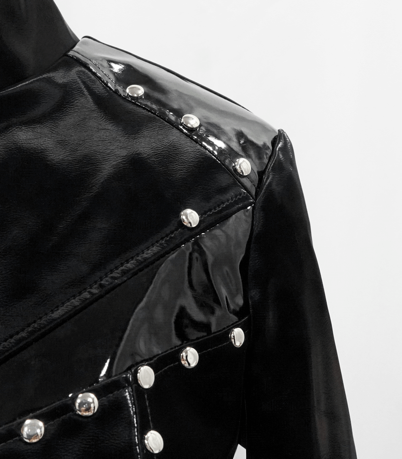 Close-up of a black PU leather jacket with shiny studs, showcasing gothic style and creative design accents.