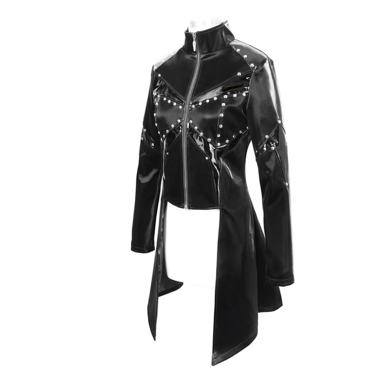 Shiny black PU leather jacket for women with studs and gothic style, perfect for alternative fashion enthusiasts.