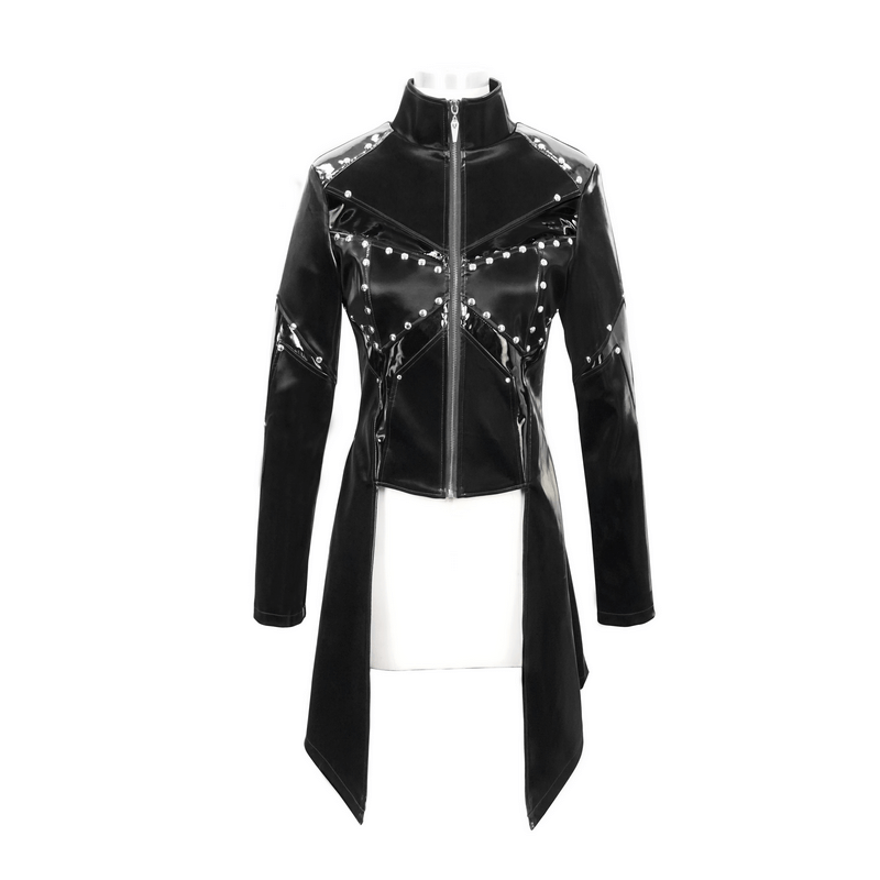 Women's shiny black PU leather gothic jacket with studs and front zip for alternative fashion.