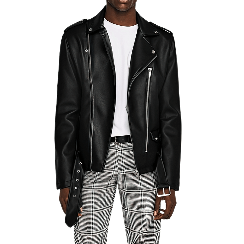 Short Black Biker Motorcycle Jacket for Men / Belt Loose Soft Faux Leather Jackets