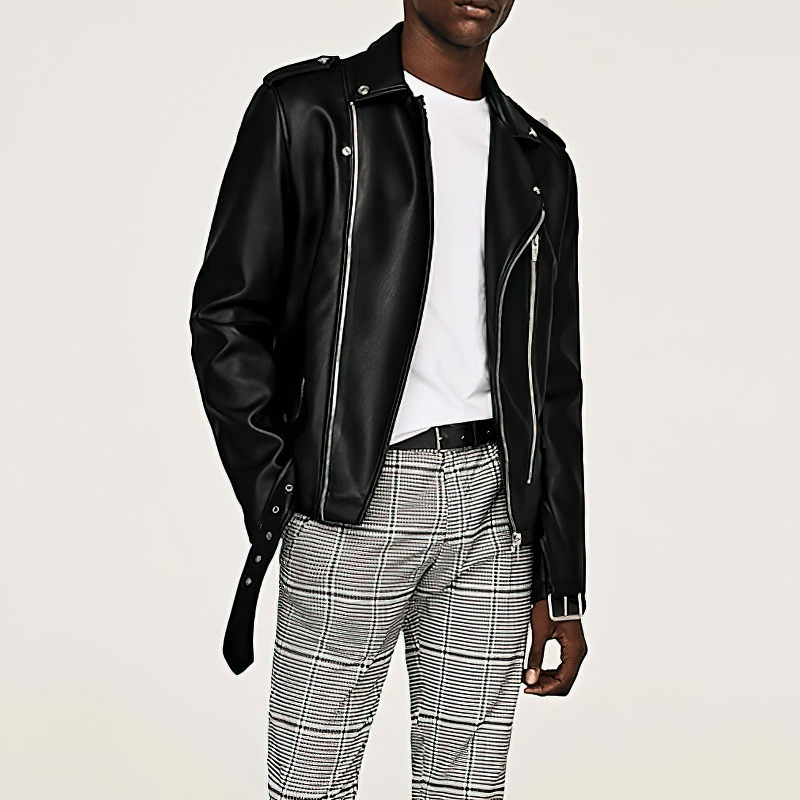 Short Black Biker Motorcycle Jacket for Men / Belt Loose Soft Faux Leather Jackets