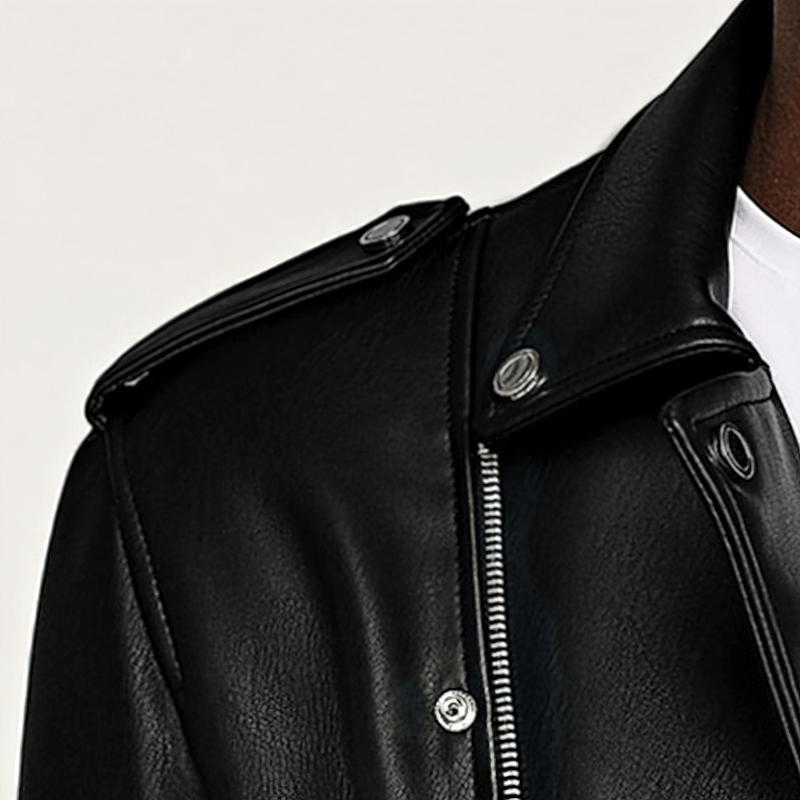 Short Black Biker Motorcycle Jacket for Men / Belt Loose Soft Faux Leather Jackets