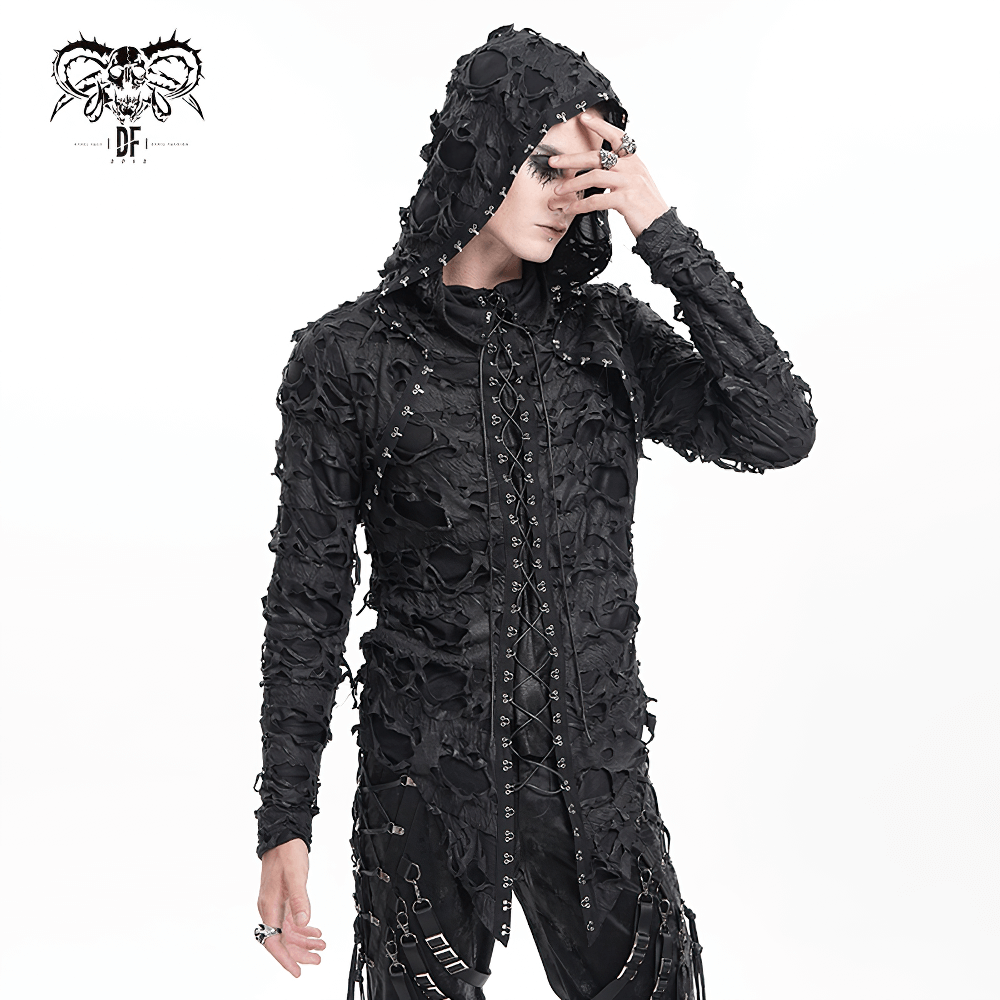 Shredded Gothic Hooded Hodie with Lace-Up Design