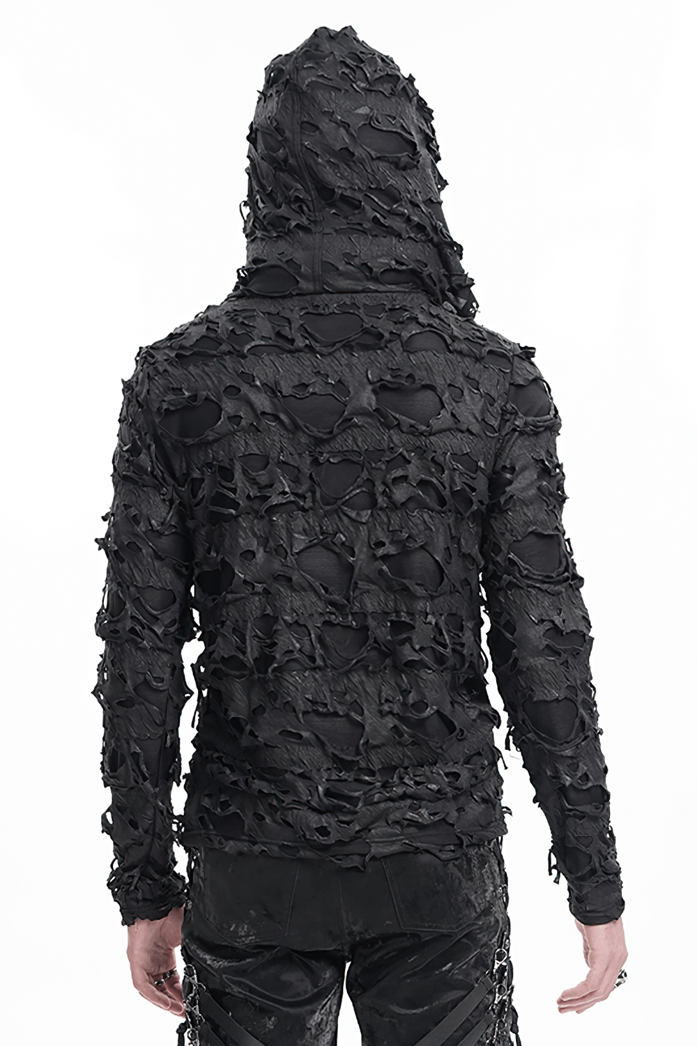 Shredded black gothic hoodie with lace-up design, showcasing a distressed back view for alternative fashion lovers.