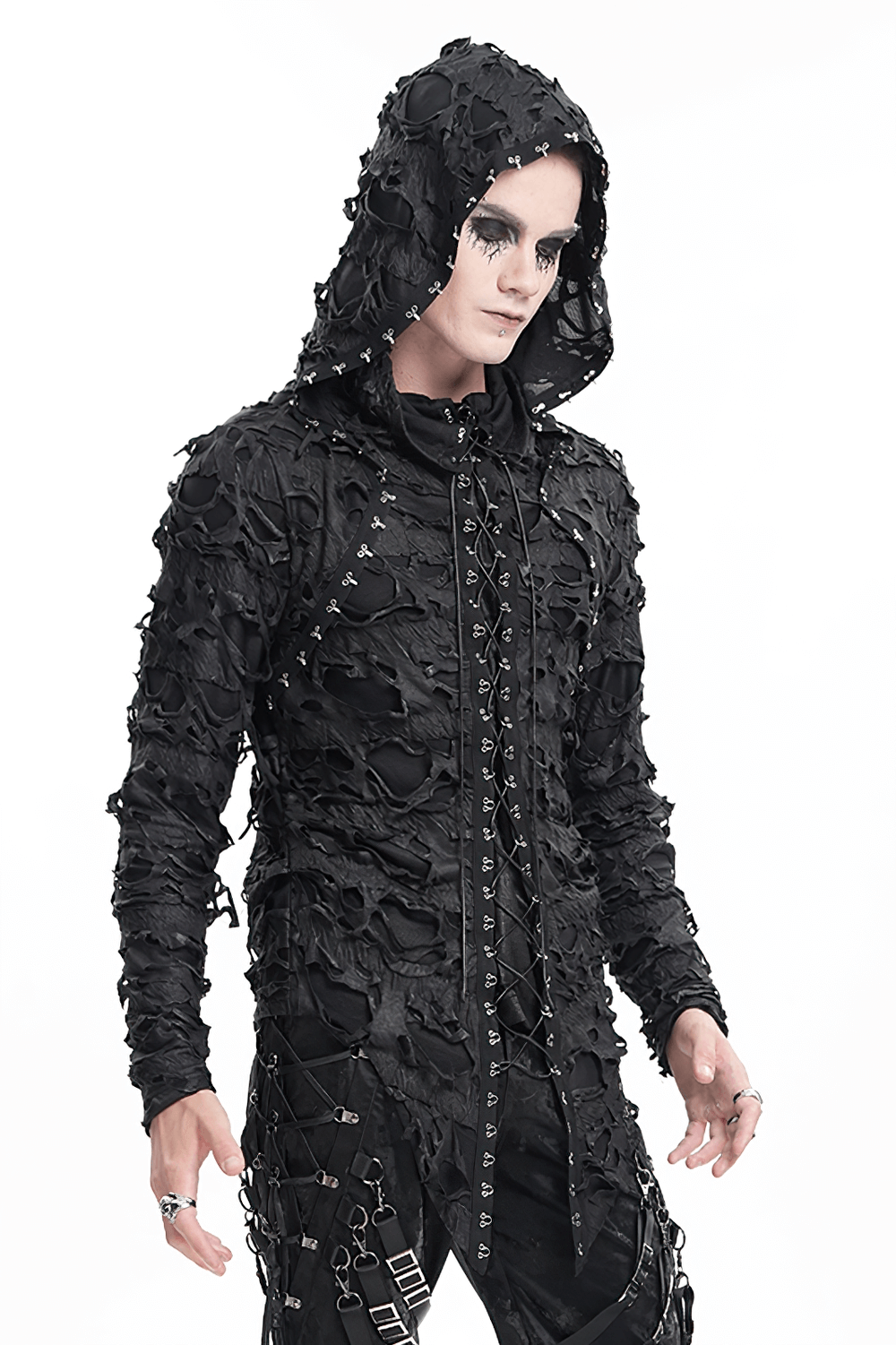 Shredded gothic hooded hoodie with lace-up design, showcasing dark aesthetic fashion and edgy detailing.