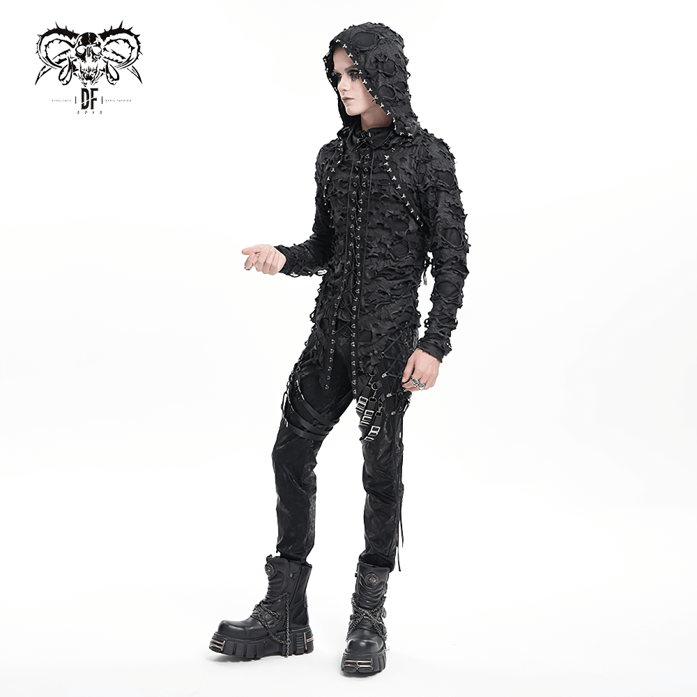 Shredded Gothic Hooded Hodie with Lace-Up Design