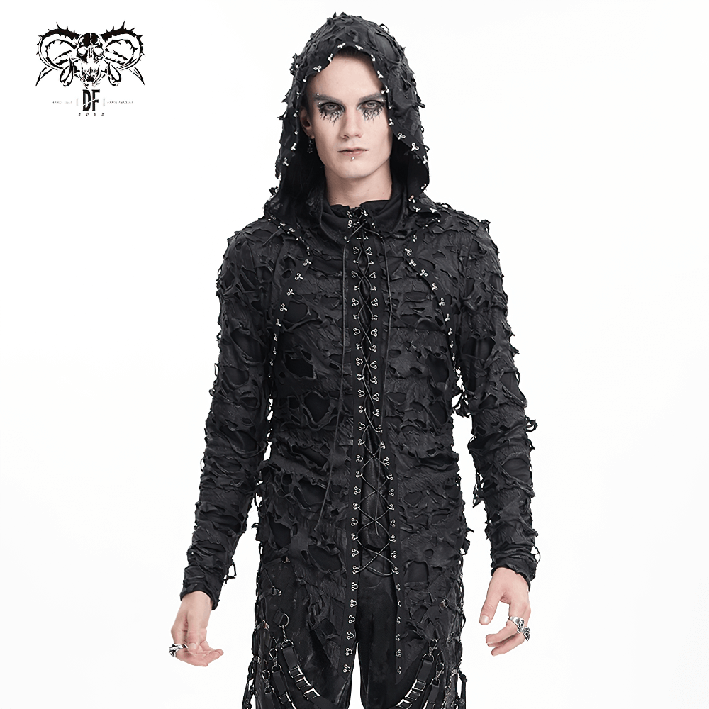 Shredded gothic hooded hoodie with lace-up design, featuring skull accents and distressed detailing for alternative fashion.