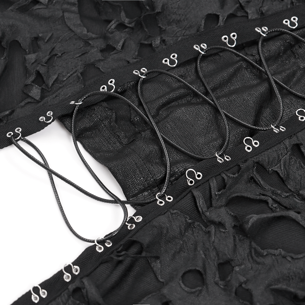 Close-up of shredded gothic hoodie lace-up design with edgy detailing and black threads for alternative fashion lovers.