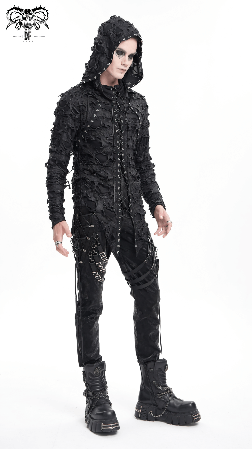 Model showcasing a shredded gothic hooded hoodie with lace-up design, perfect for dark aesthetic alternative fashion.